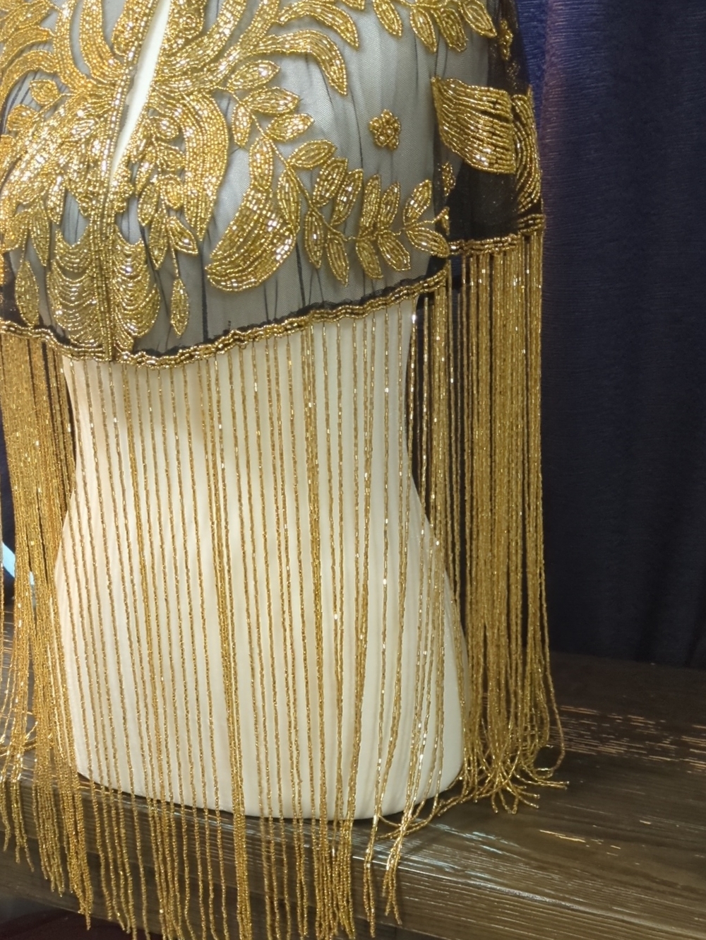 Black Gold Beaded Fringe Capelet Art Deco Gatsby Flapper Shawl - Picture 6 of 16